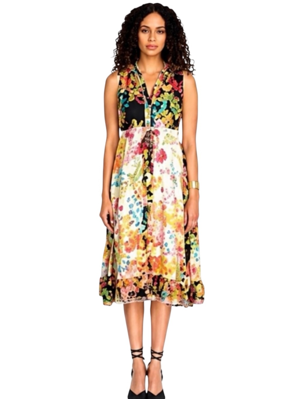 Johnny Was Serena Sleeveless Floral 100% Silk Midi Dress Size Medium